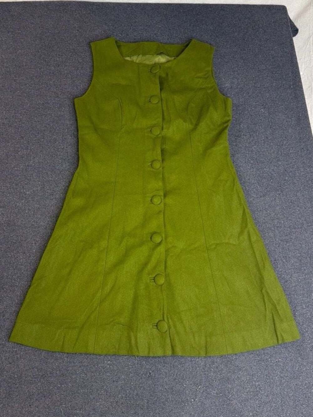 Vintage 60s Style Olive Green Sleeveless Button Front Mod Mini Dress